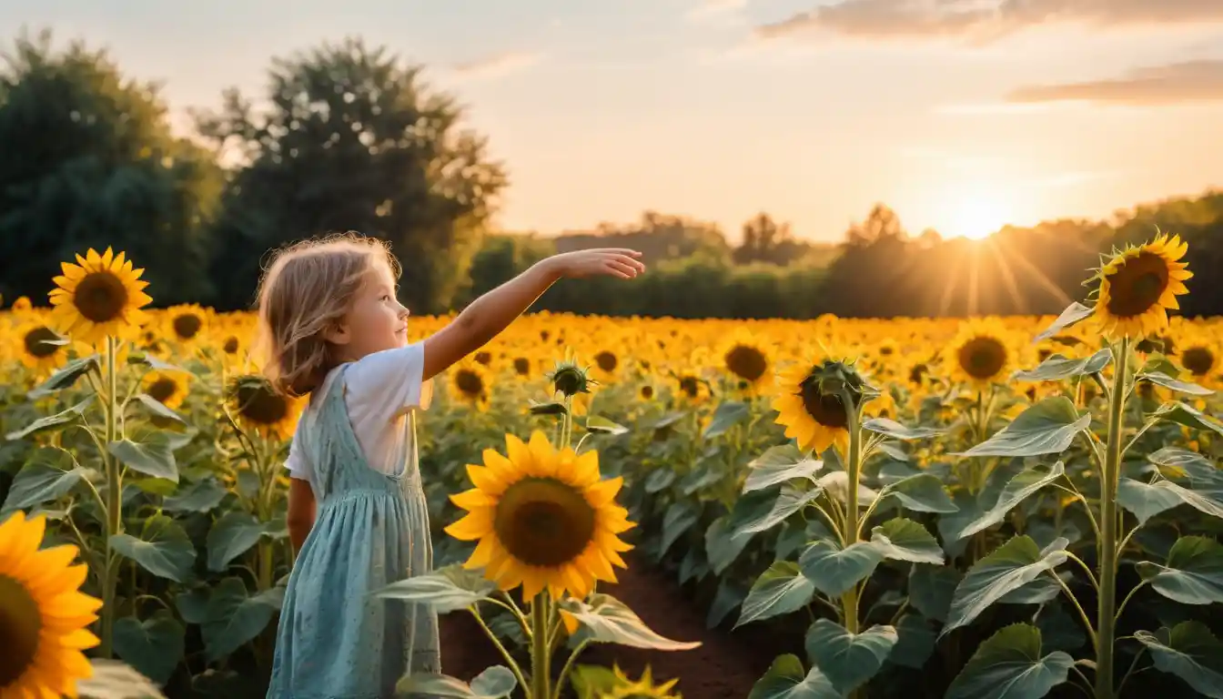 Child in a sunflower garden reaching for an unseen hand