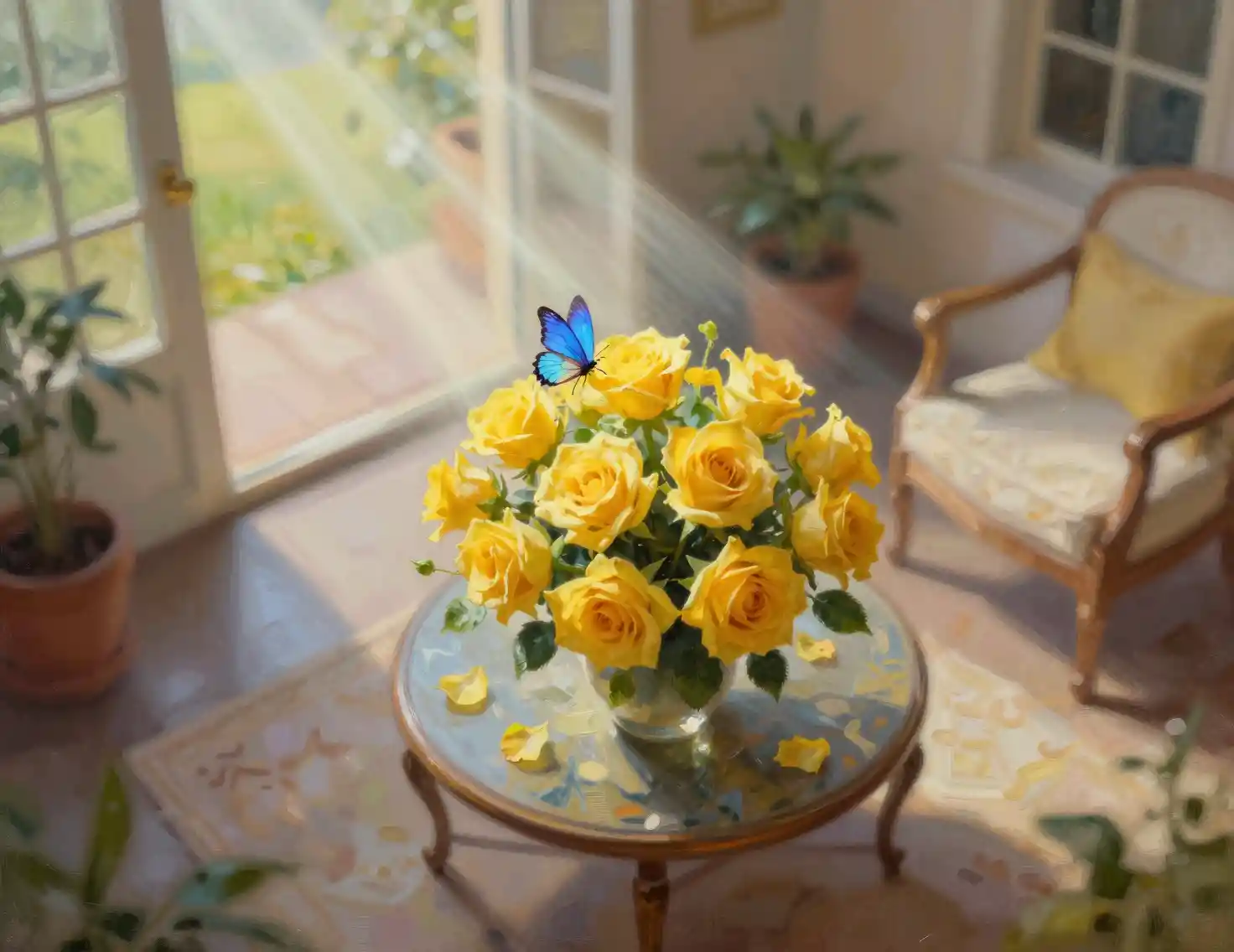 Yellow roses on a coffee table with a resting blue fairy