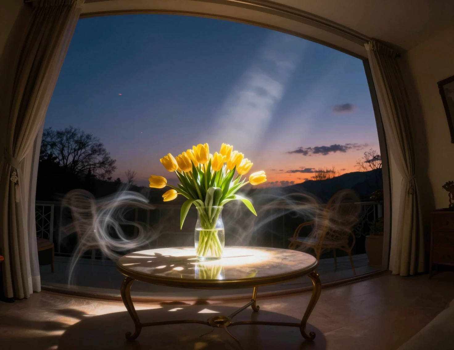Yellow tulips on a table under indigo twilight sky