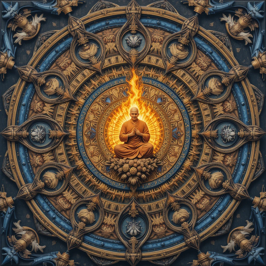 Monk Enveloped In Golden Flames At The Heart Of A Mandala
