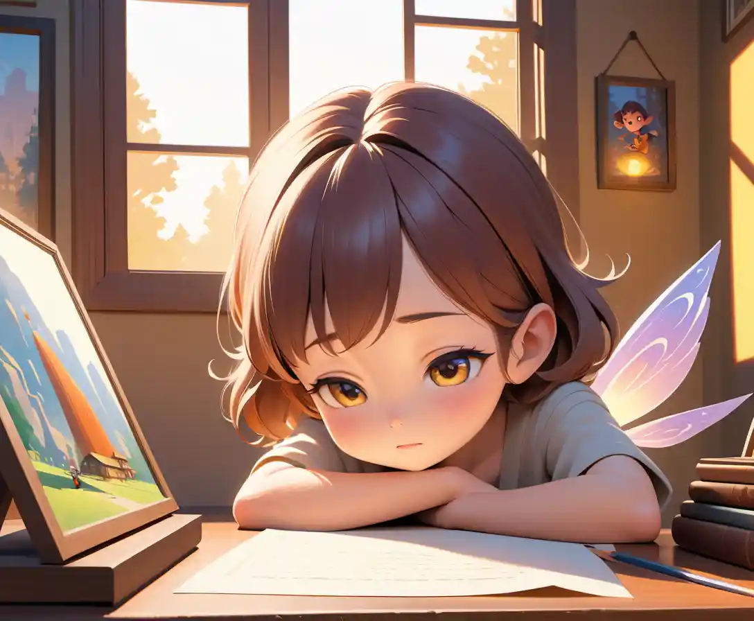 Sleeping child by lamplight with hovering fairy visitor