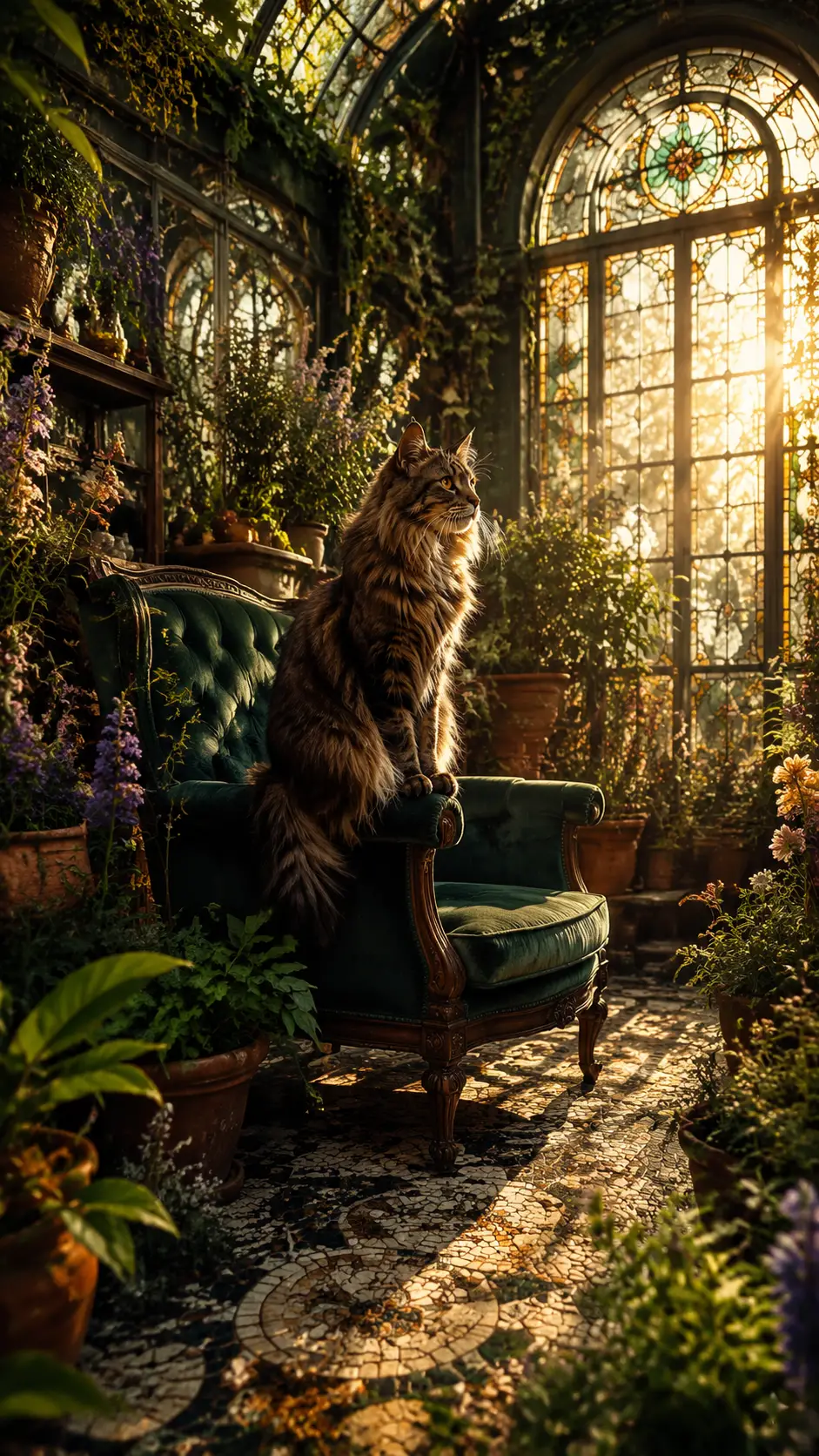 Maine Coon Cat On Velvet Chair In Sunlit Conservatory