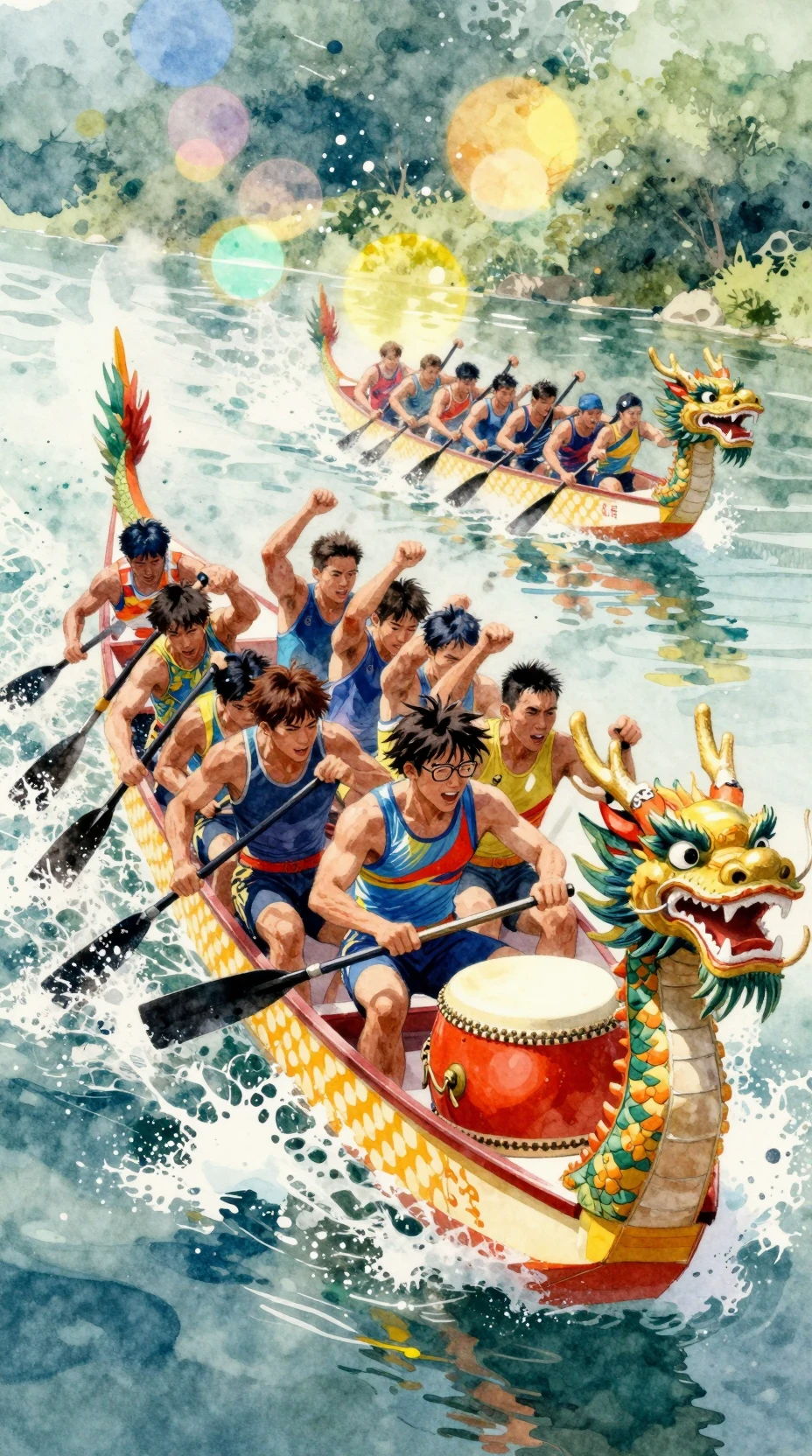 Watercolor dragon boat race with focused young drummer