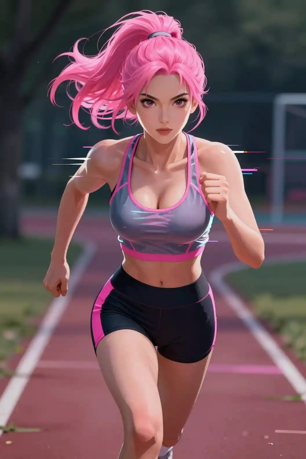 Anime runner girl in sporty outfit with dramatic backlight