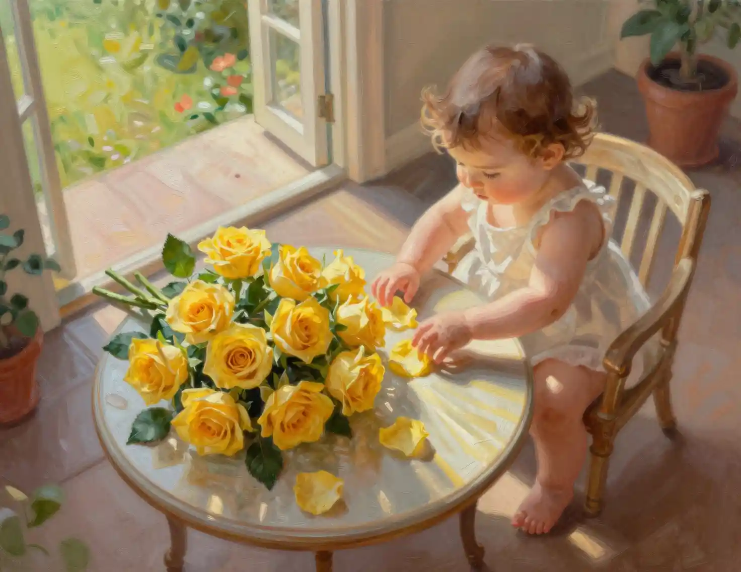 Baby girl touching yellow roses in soft veranda light