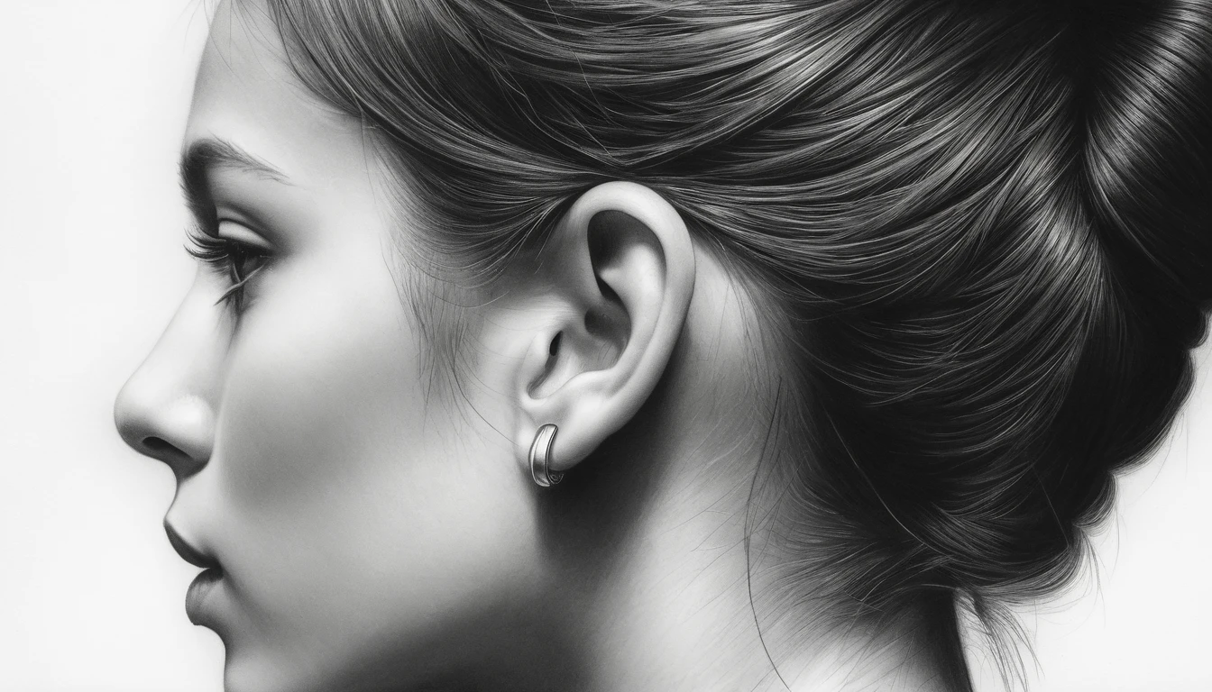 Macro graphite drawing of a human ear in deep quiet