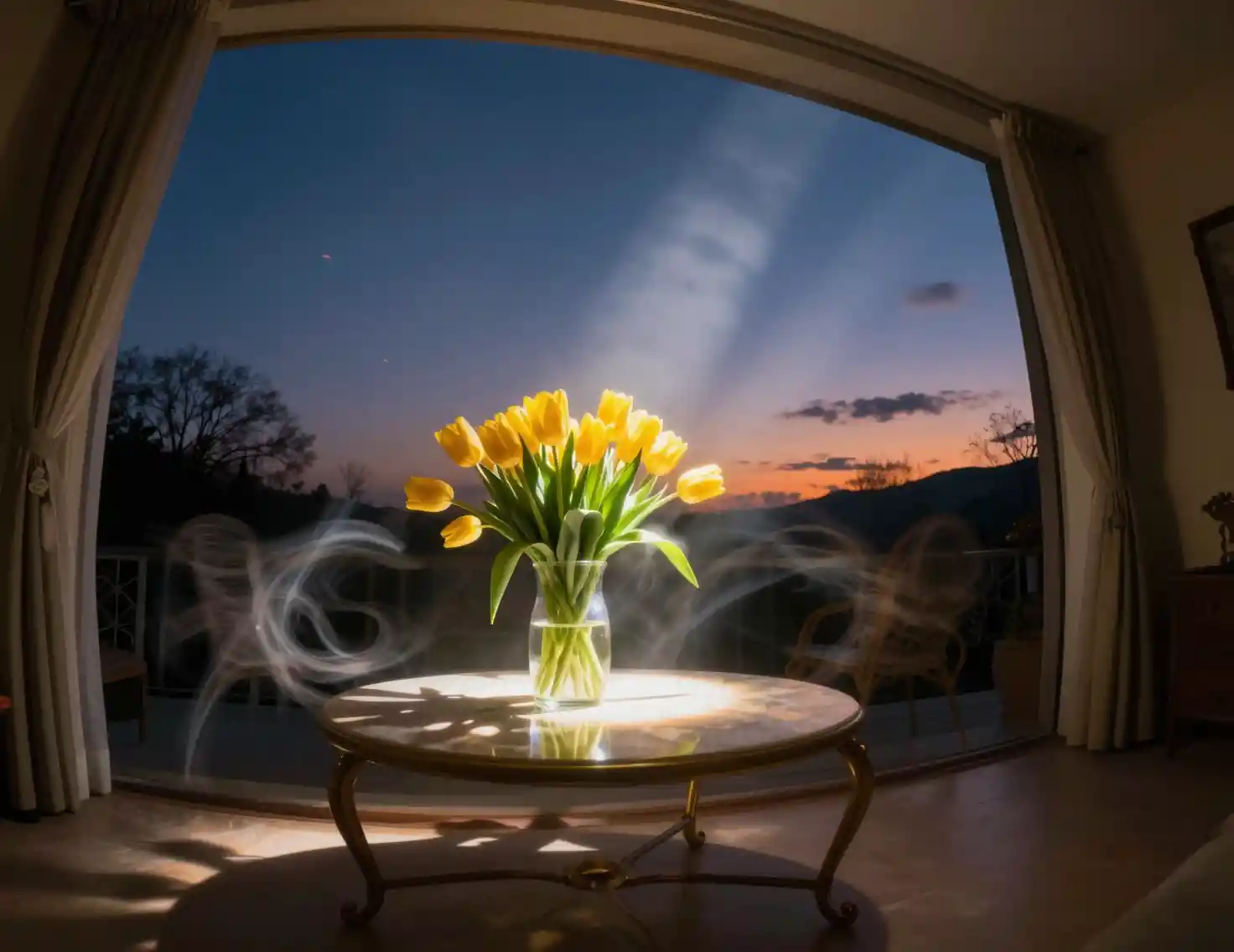 Yellow tulips on a table under indigo twilight sky