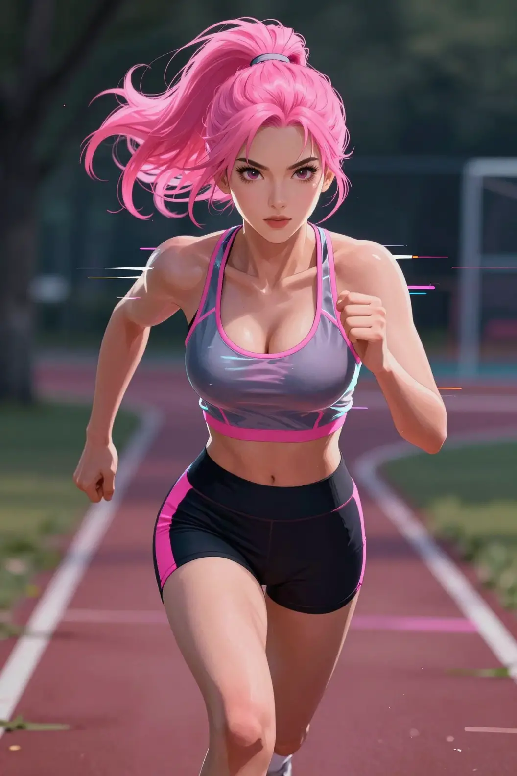 Anime runner girl in sporty outfit with dramatic backlight
