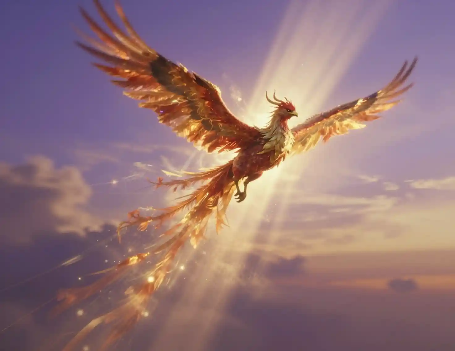 Phoenix soars through twilight sky with radiant god rays