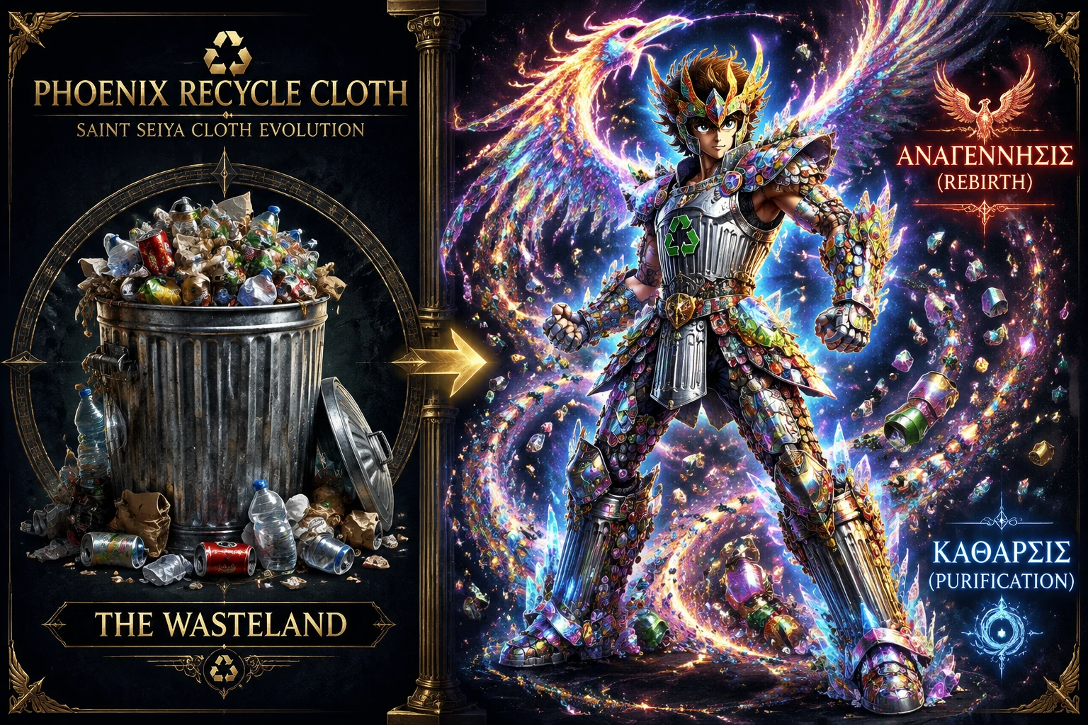Cosmic warrior rising from overflowing city trash can