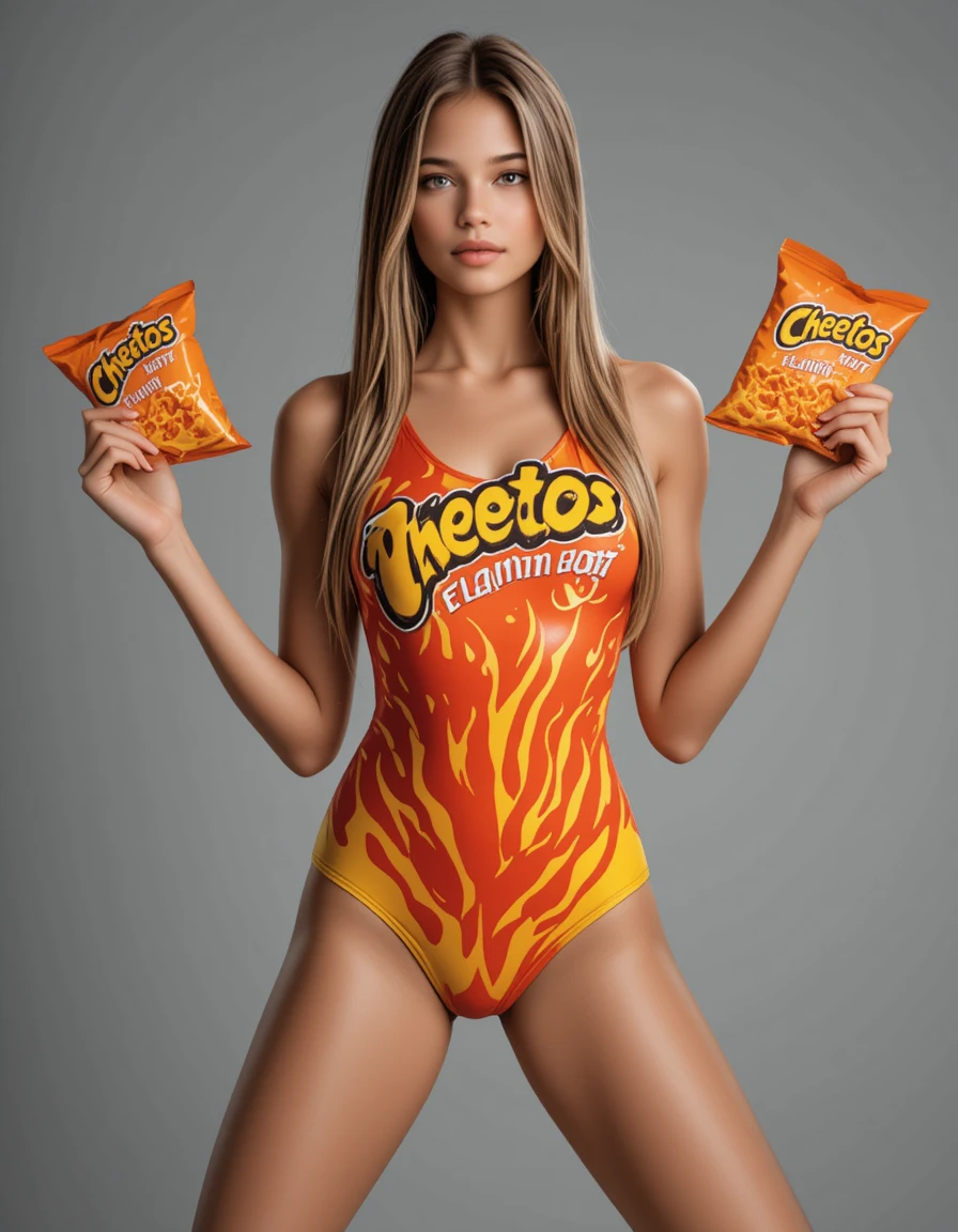 Confident blonde woman in bold cheetos swimsuit pose