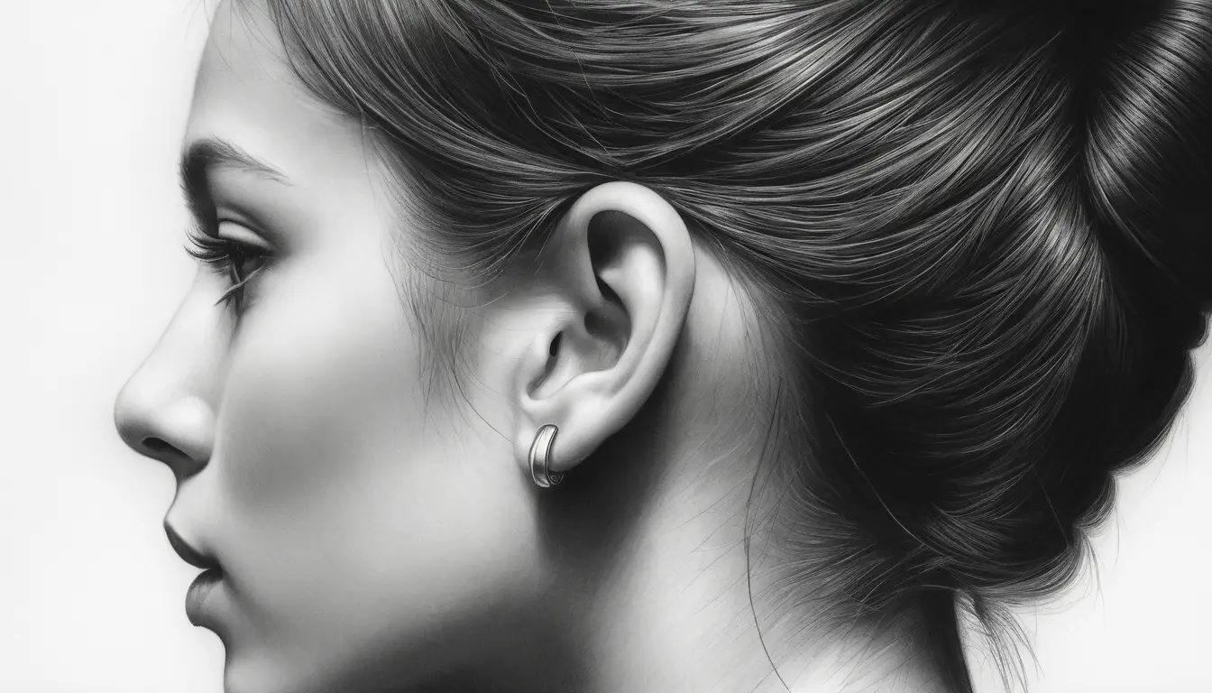 Macro graphite drawing of a human ear in deep quiet