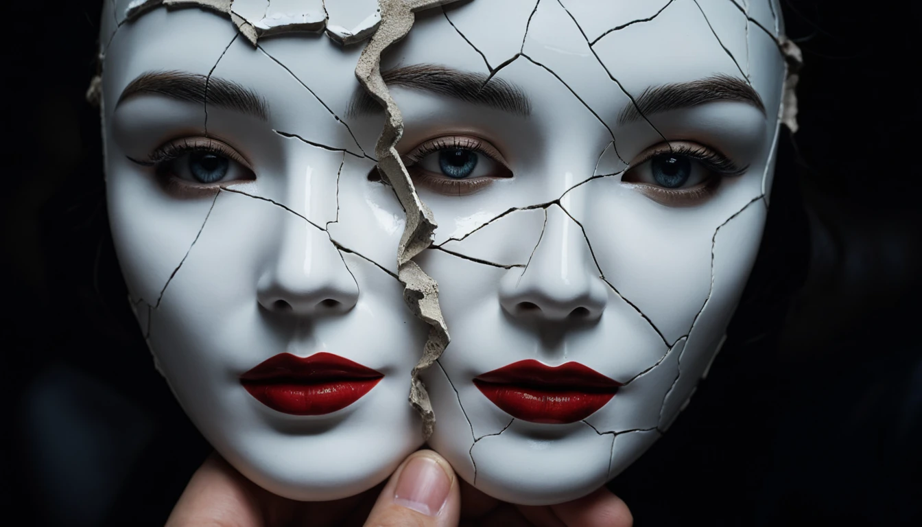 Hands Holding A Cracked Porcelain Mask In Dramatic Light