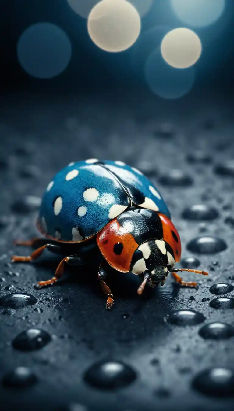 Abstract photorealistic collage of a blue dotted ladybug