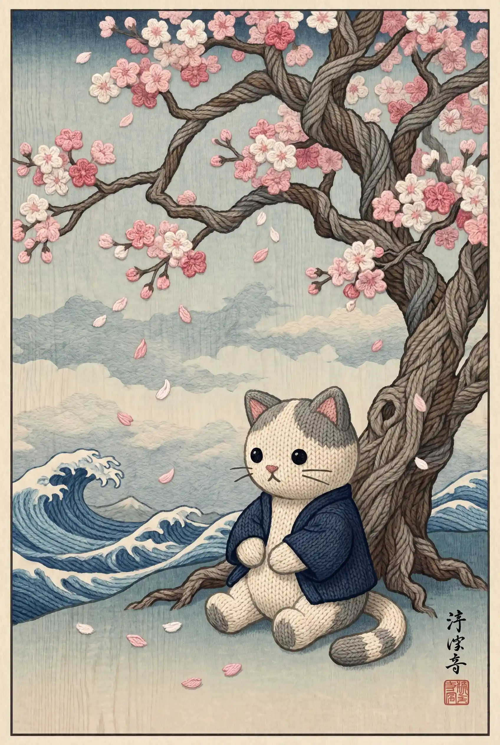Ukiyo e amigurumi cat beneath a cherry blossom tree