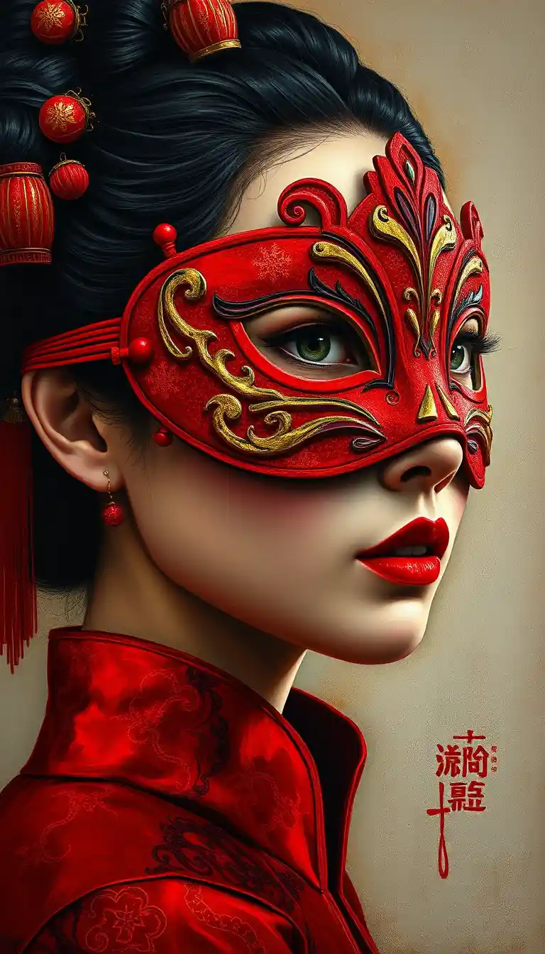 Chinese woman in opera mask with dramatic chiaroscuro