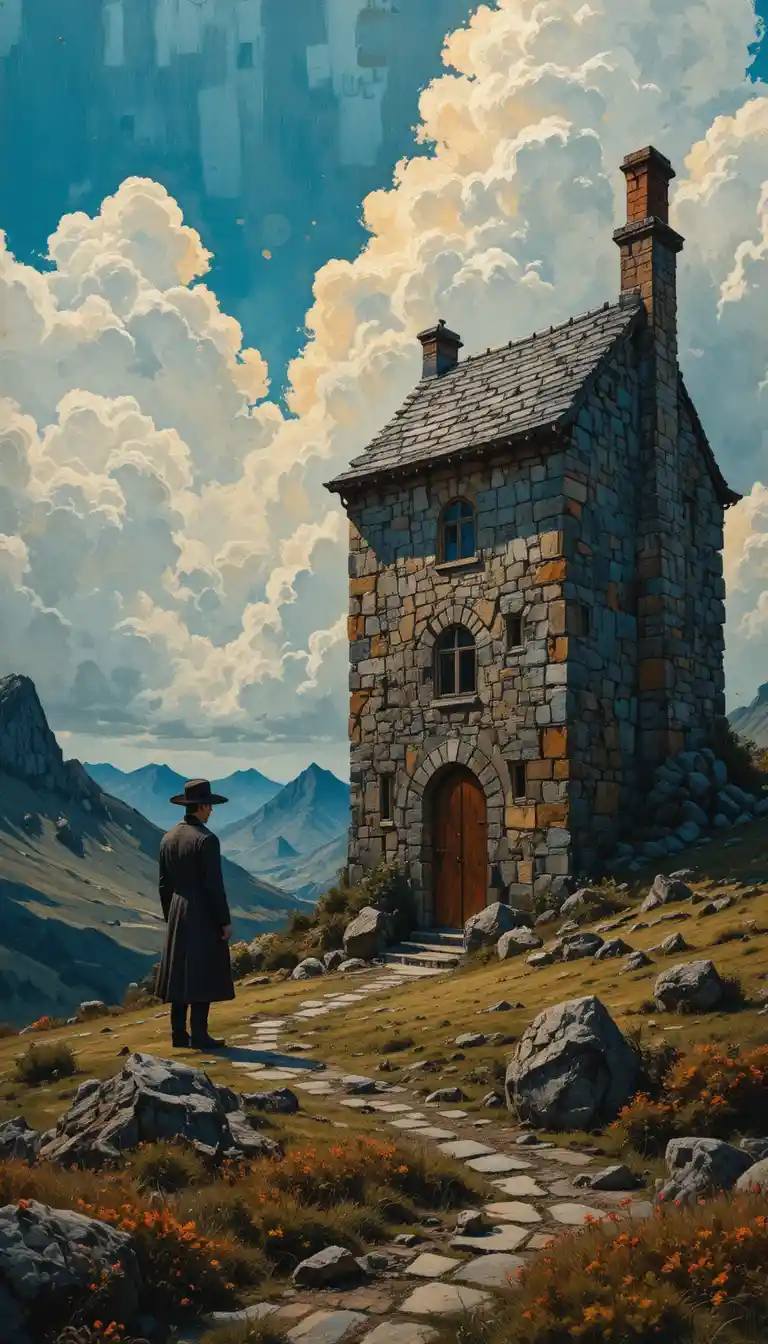 Tall stone house with solitary man in surreal landscape