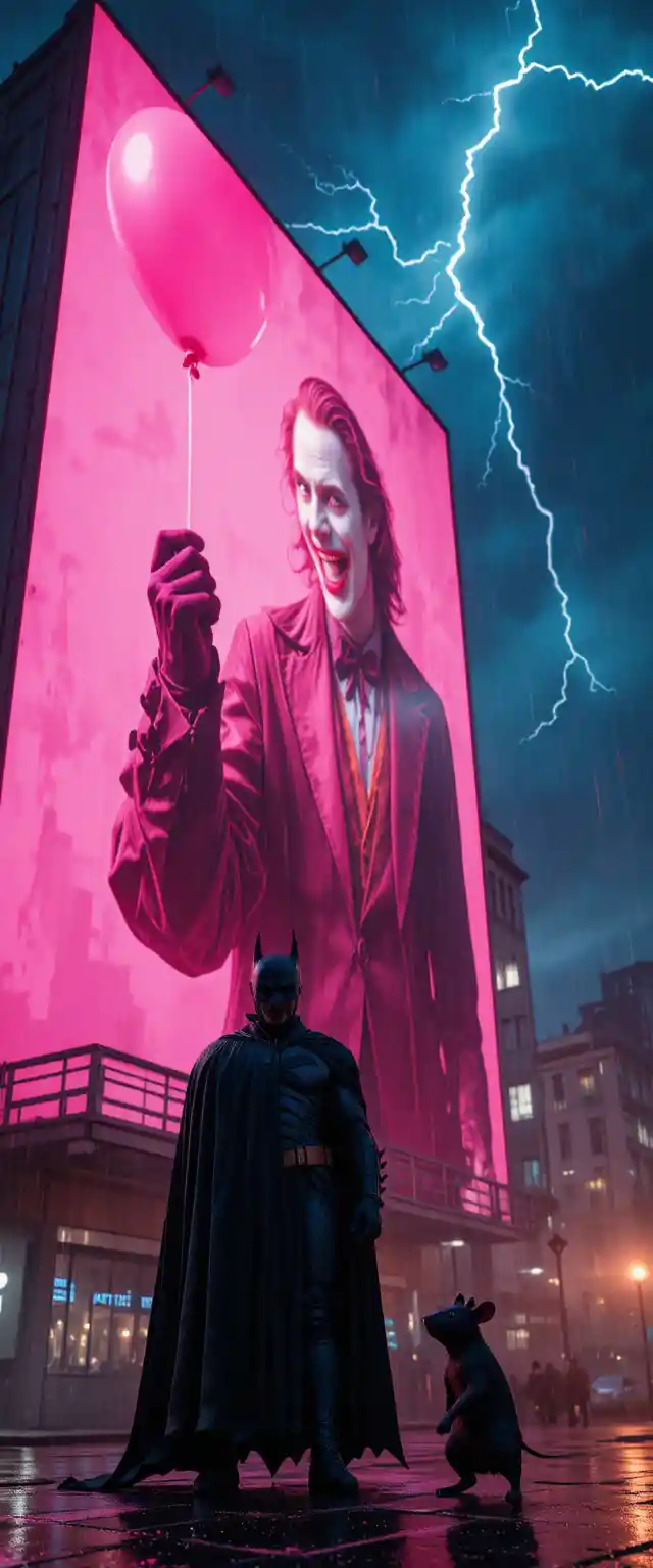 Superhero In The Rain Before A Sinister Neon Billboard