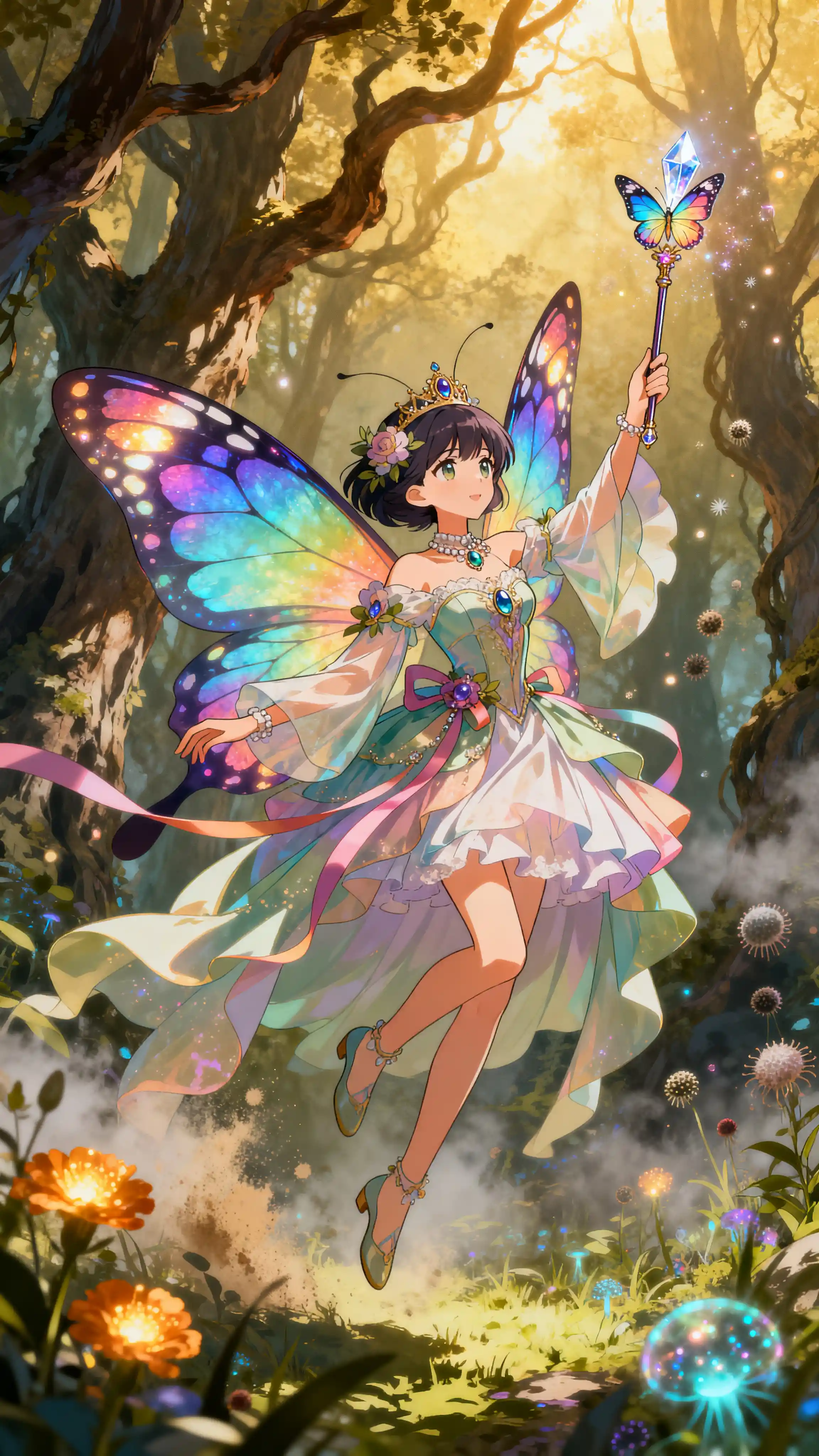 Elegant butterfly fairy sorceress floating in enchanted forest