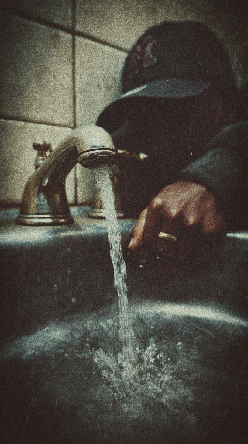 Giovane che beve acqua dal rubinetto del bagno
