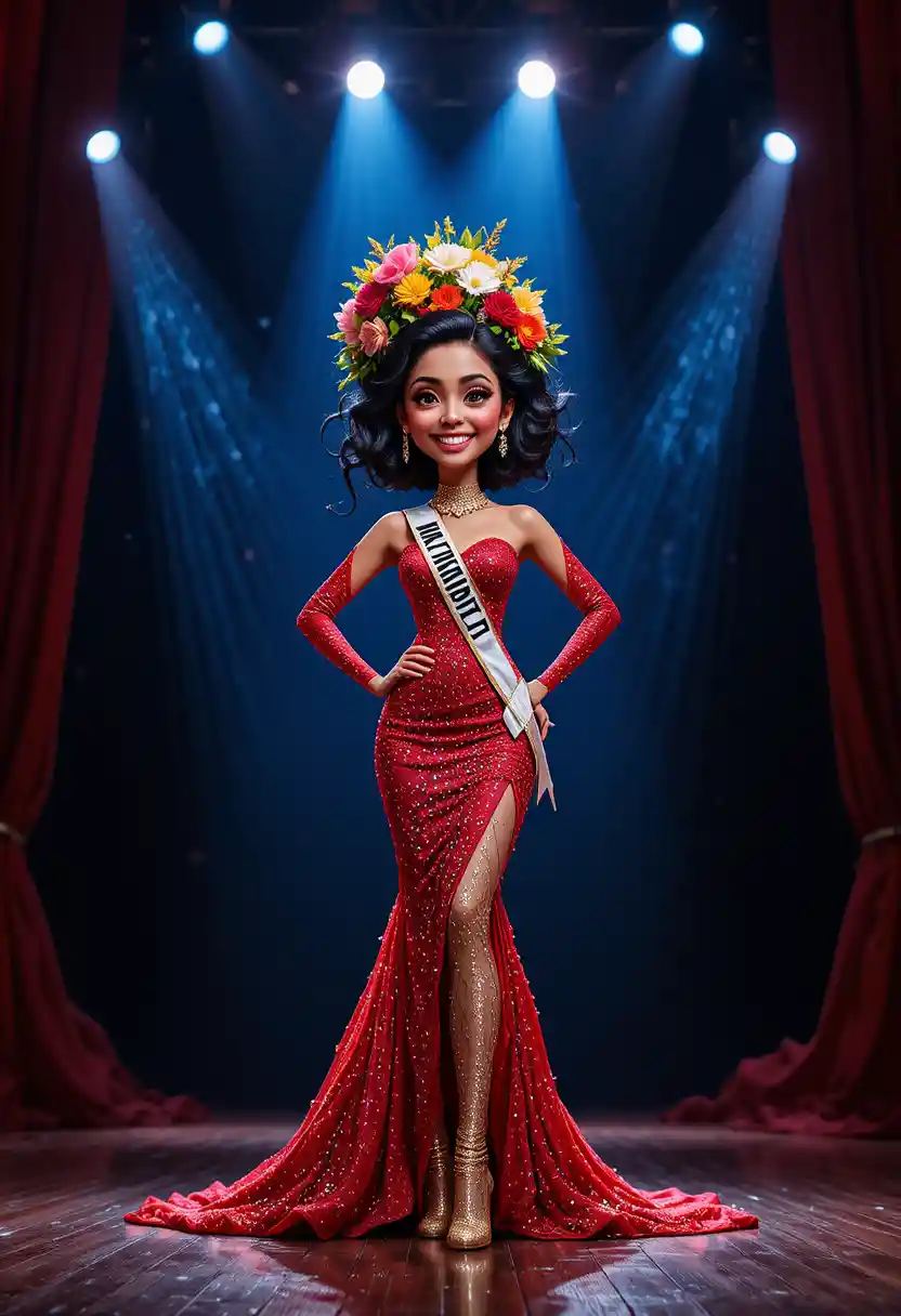 Joyful beauty queen in red gown on spotlight stage