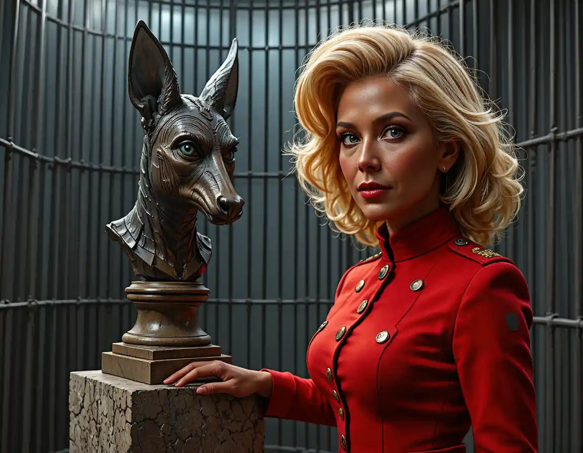 Woman in red military jacket beside bronze feline sculpture