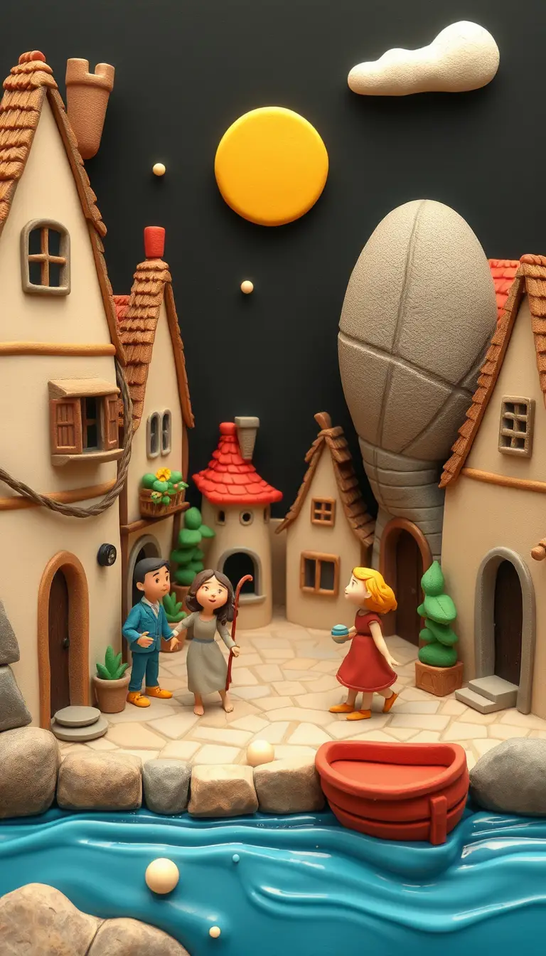 Childlike illustration of a quaint old village street scene