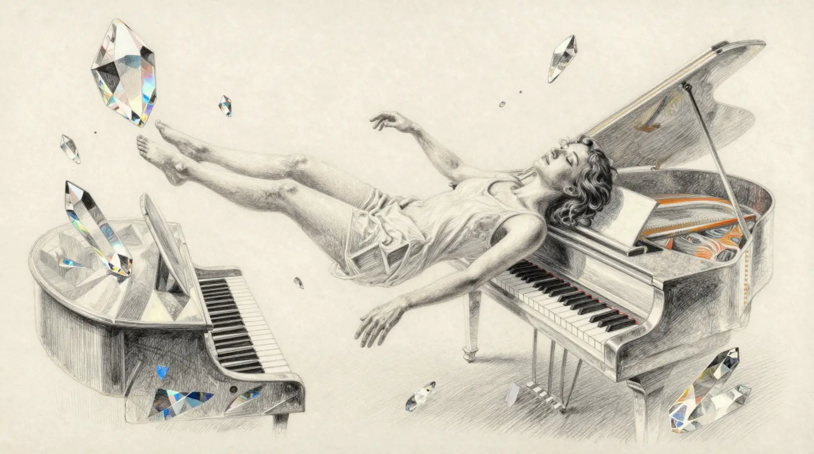 Floating figure amid crystalline piano shards in prismatic light