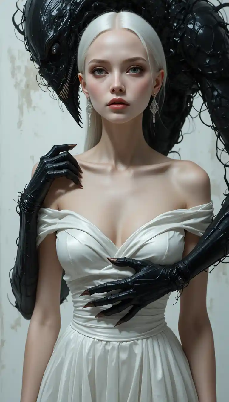 Surreal platinum blonde woman with lurking monster behind