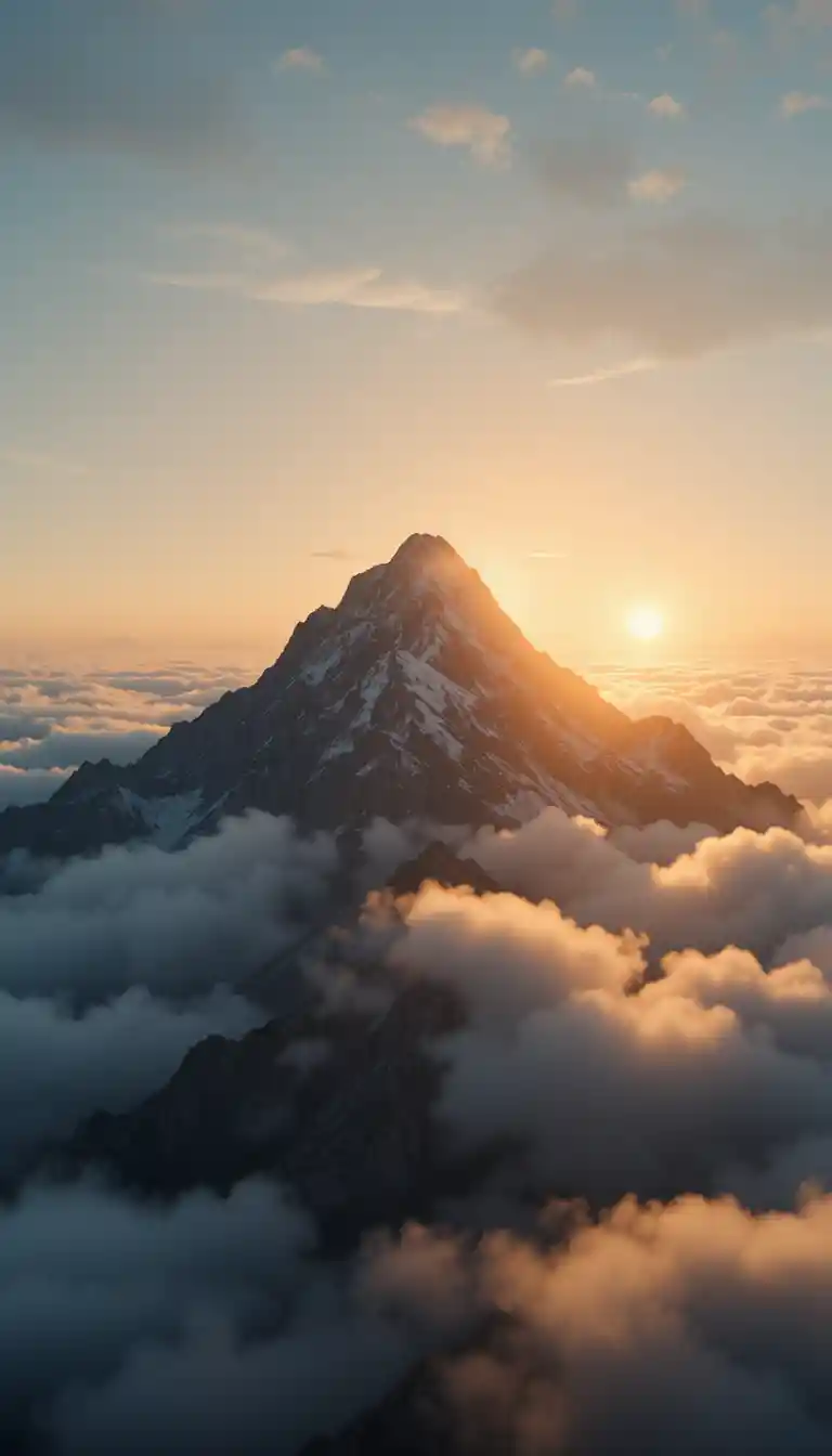 Alba dorata su una vetta di montagna sopra le nuvole luminose