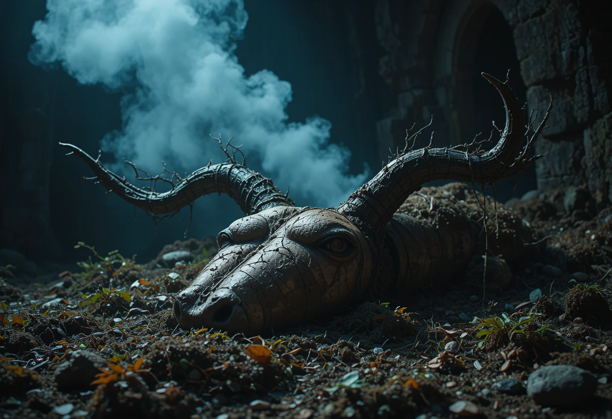 Deer skull half buried in damp earth with rising mist