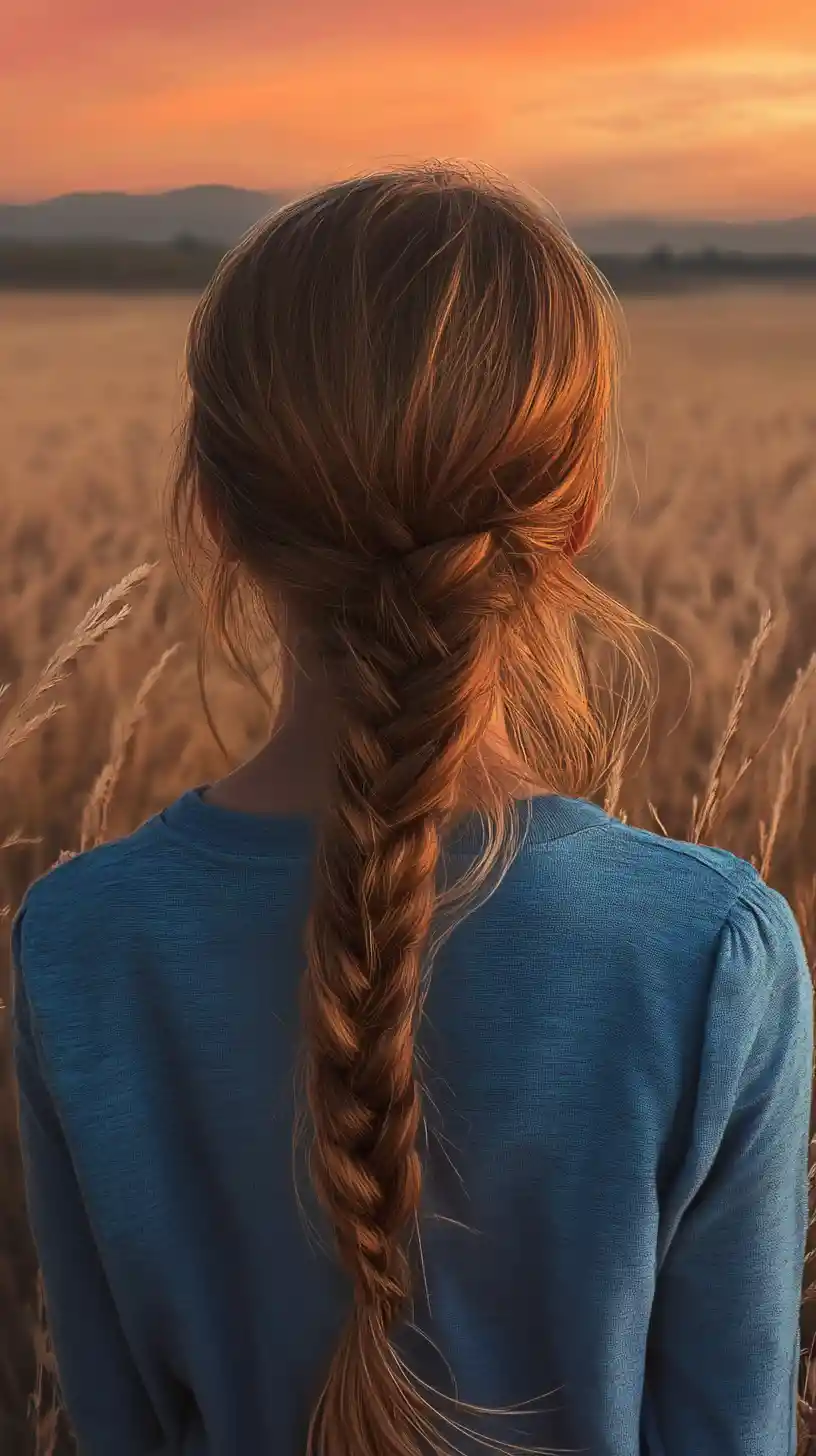 Girl with braided hair watching a fiery sunset sky