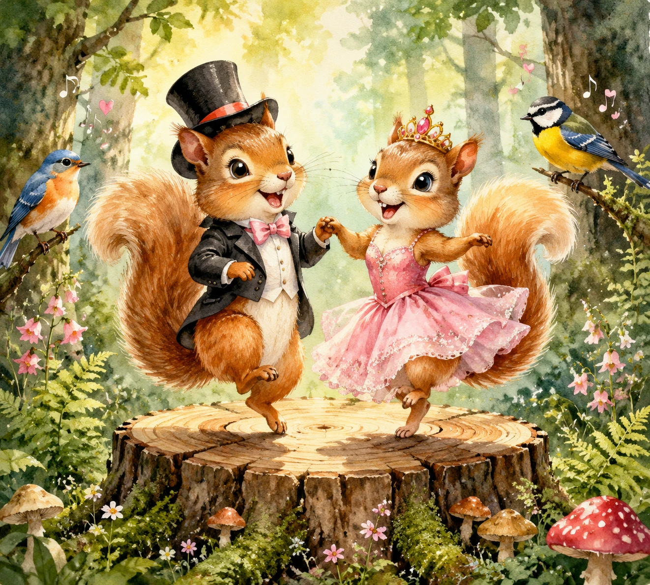 Two Dancing Squirrels On A Forest Tree Stump