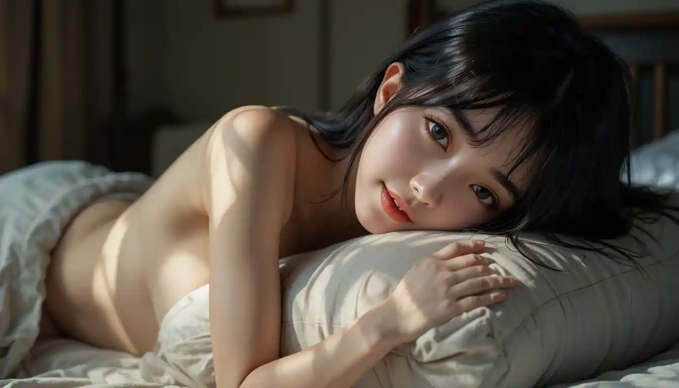 Asian woman lying on a bed hugging a pillow