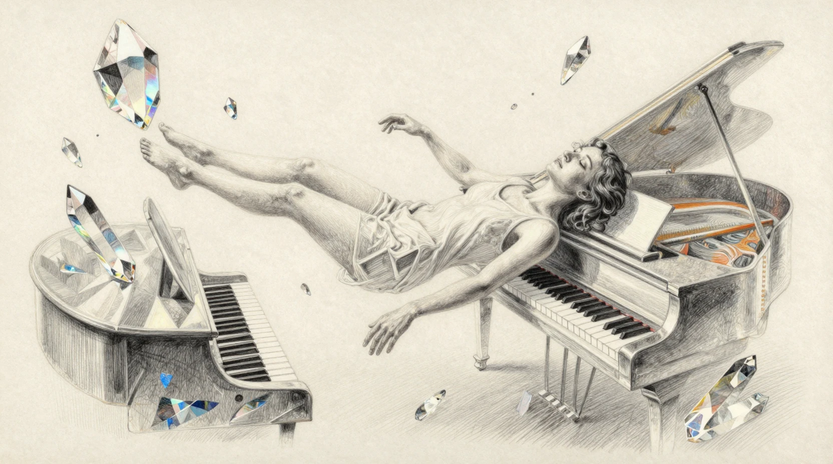 Floating figure amid crystalline piano shards in prismatic light