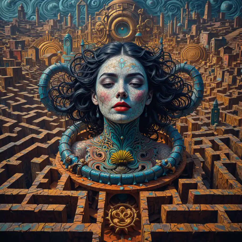 Surreal psychedelic maze with a woman face at the center
