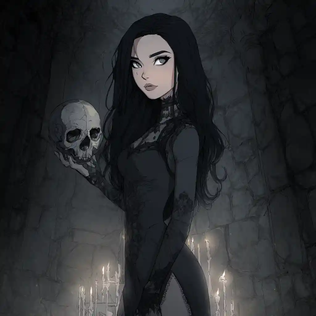 Gothic sorceress with shadow magic and ashen skin