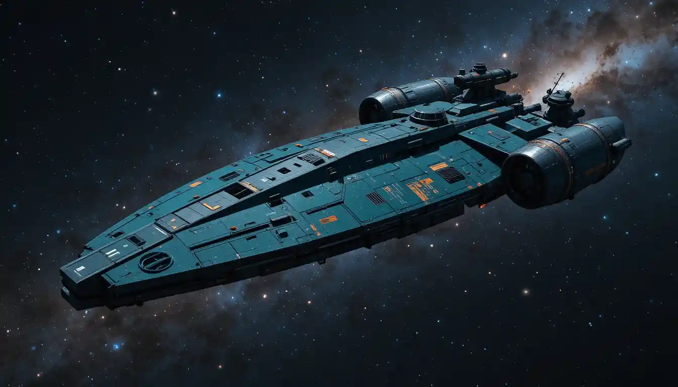 Elegante cargo sci-fi alla deriva nel profondo spazio stellato