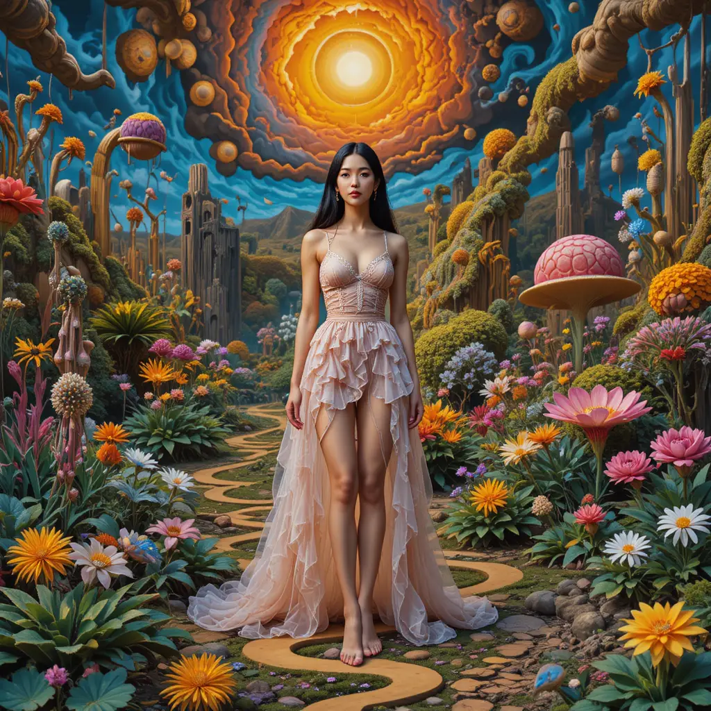 Beautiful girl rooted in a surreal psychedelic garden