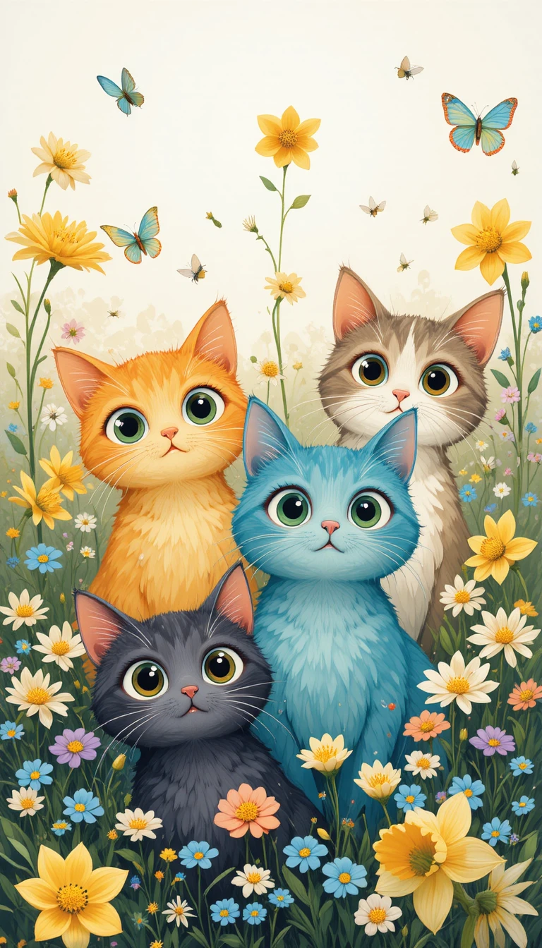 Colorful curious cats playing among spring garden flowers