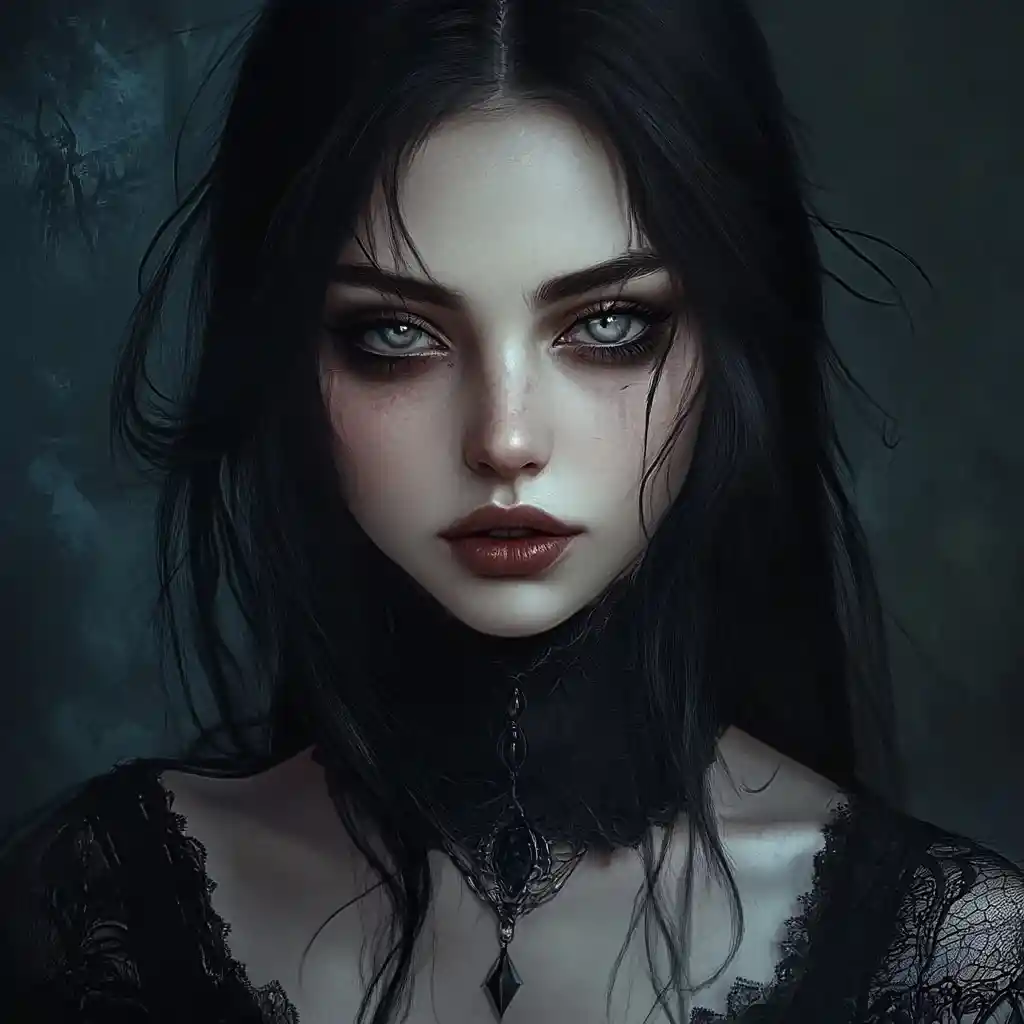 Dark sorceress with ashen skin and grey eyes in gothic style
