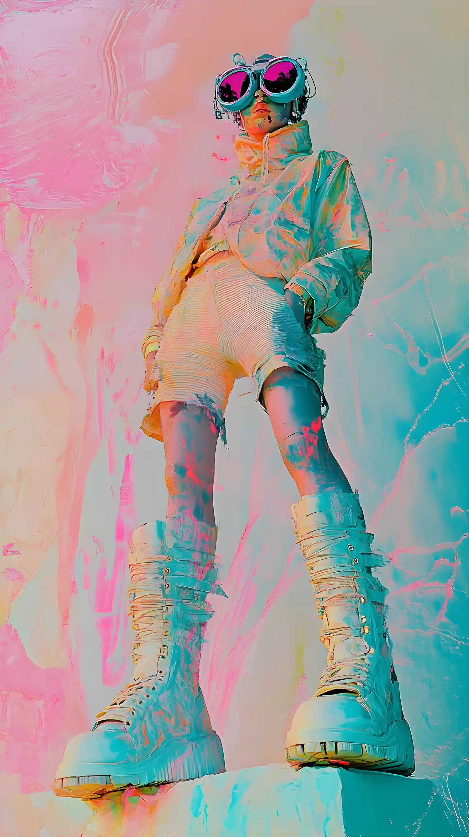 Cyberpunk figure in abstract pastel expressionist splashes