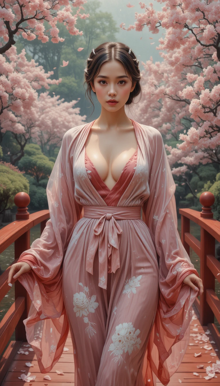 Elegant woman on vermilion bridge in a Japanese garden