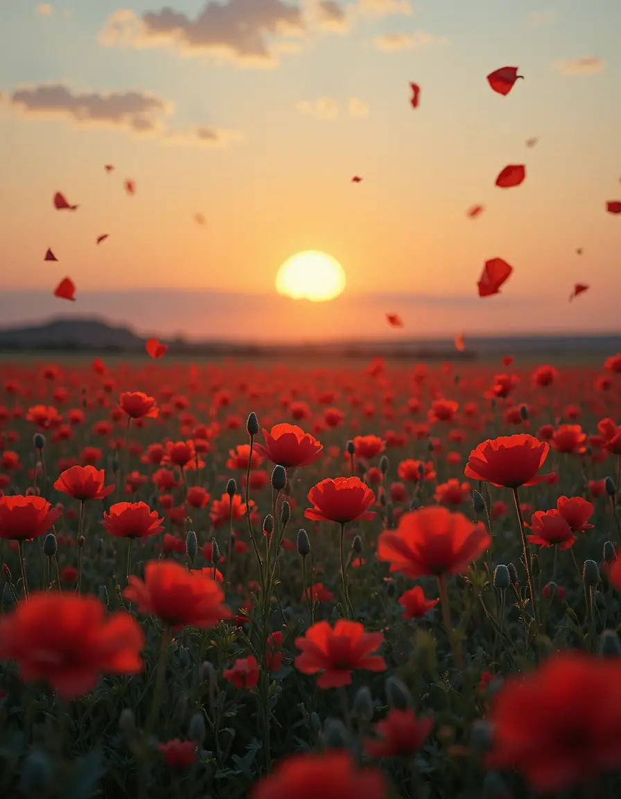 Glowing red poppy field under a dramatic setting sun
