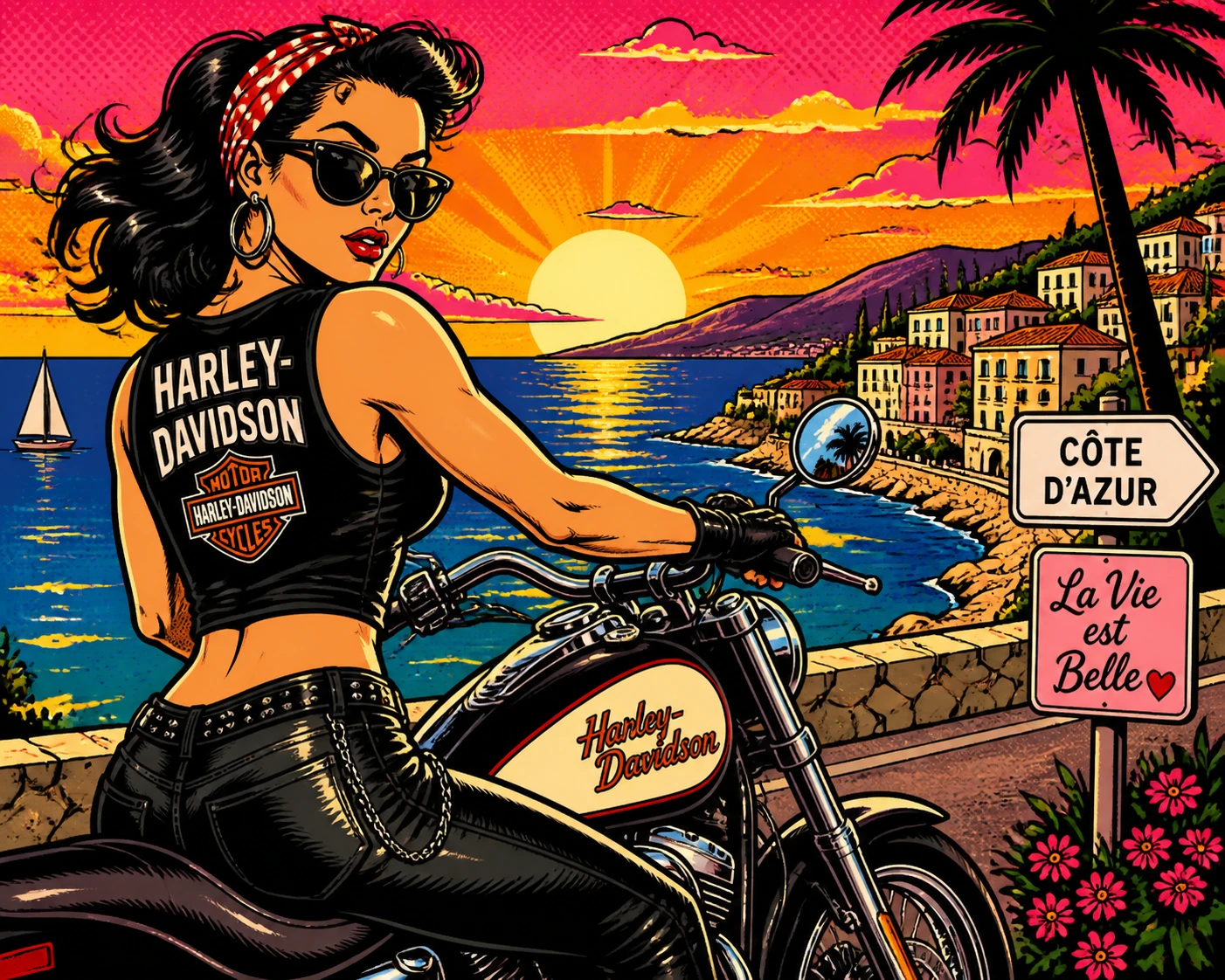 Bold female biker riding a motorcycle at coastal sunset