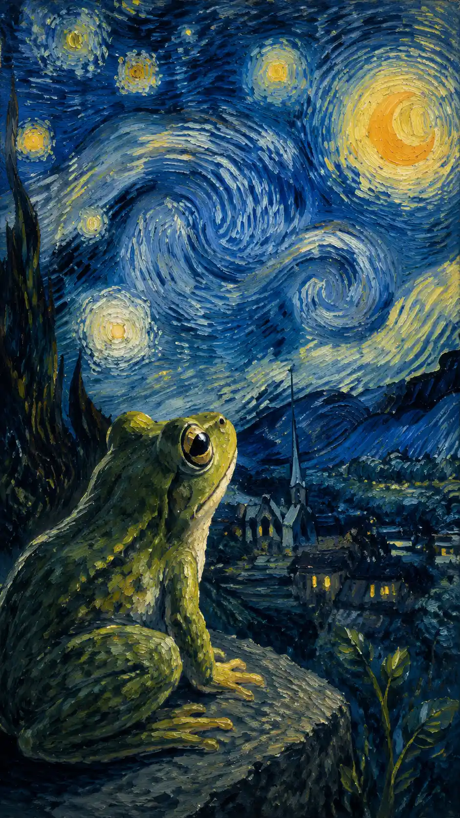 Rana a Olio che Osserva un Cielo Stellato Vorticoso