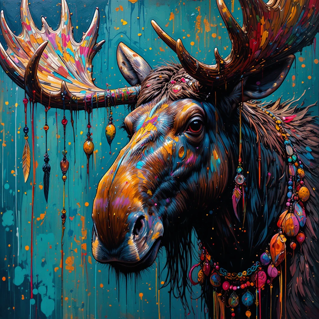 Close up view of a moose with decorated antler