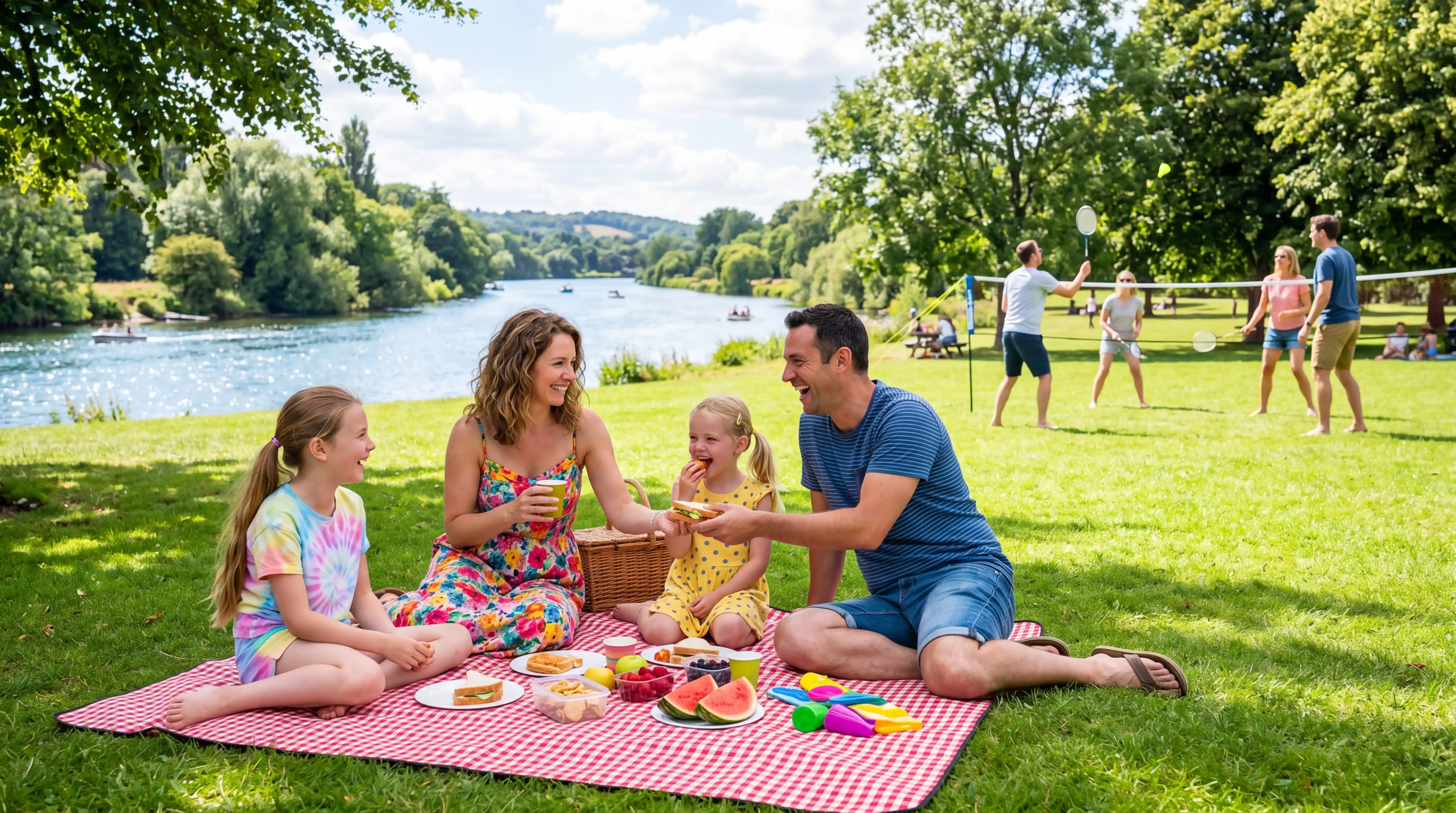 Picnic in famiglia sull’erba verde lungo un fiume panoramico
