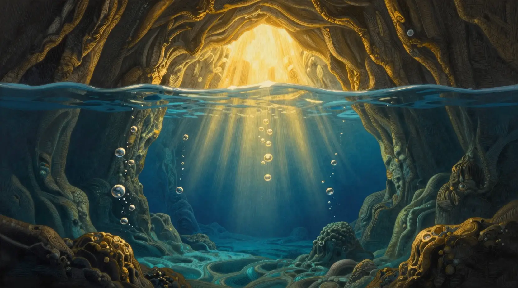 Goldenes Licht steigt aus den Tiefen einer verborgenen Unterwasserhöhle empor