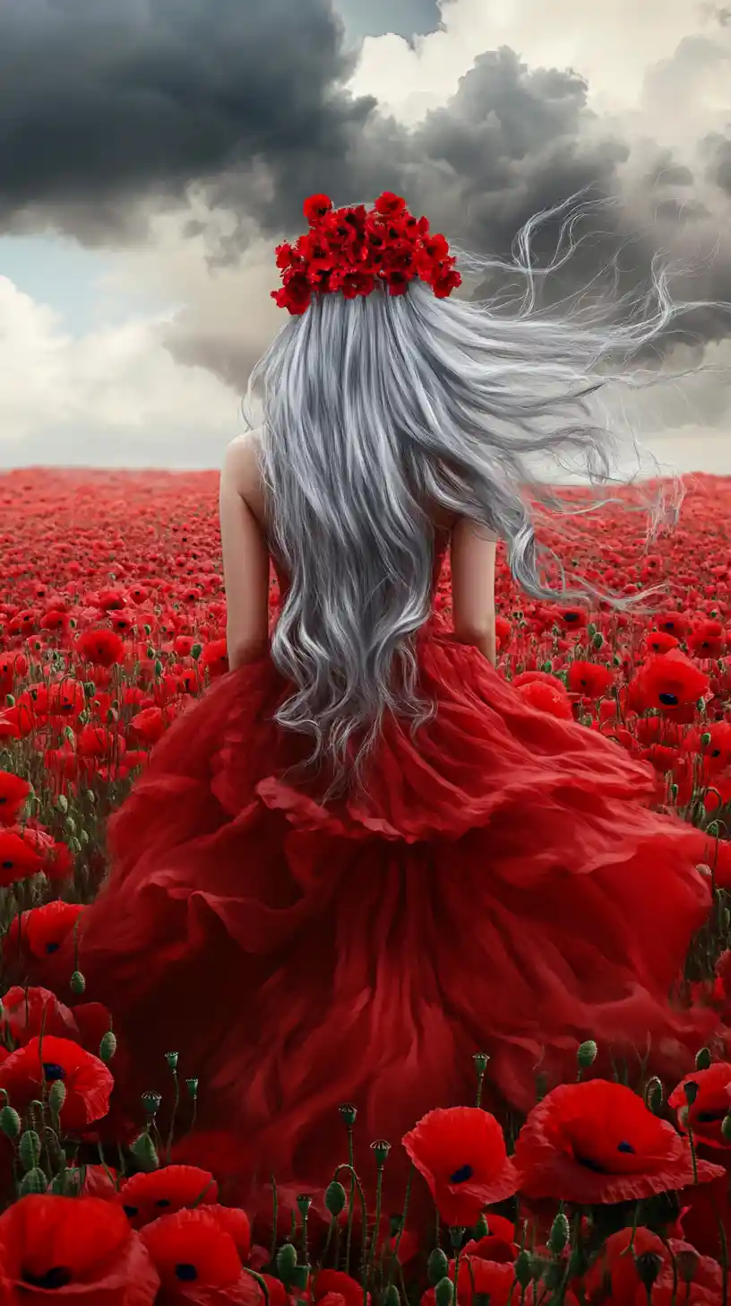 Woman In Red Gown Standing In Endless Poppy Field